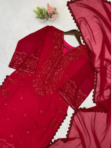 DESIGNER GEORGETTE SEQUENCE EMBROIDERY WORK TOP BOTTOM WITH DUPATTA RED