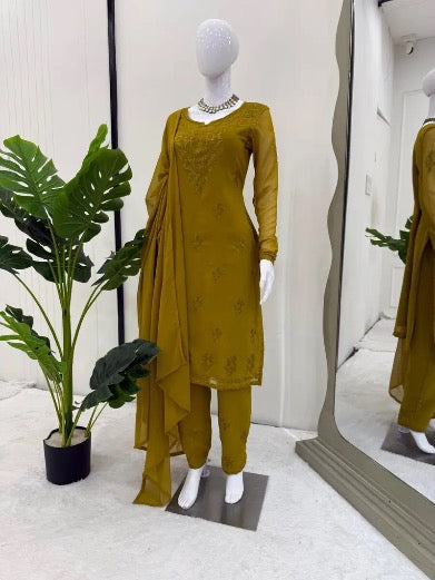 DESIGNER GEORGETTE INTRICATE THREAD WORK TOP BOTTOM WITH DUPATTA MEHNDI