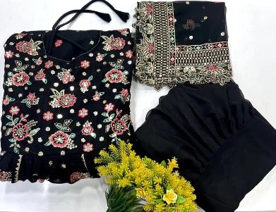 NEW ARRIVAL GEORGETTE SEQUENCE AND THREAD EMBROIDERY WORK GOWN SHARARA WITH DUPATTA BLACK