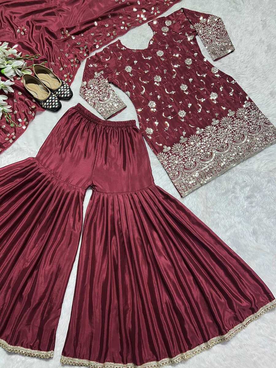 ATTRACTIVE CHINON SILK SEQUENCE EMBROIDERY WORK TOP SHARARA WITH DUPATTA MAROON