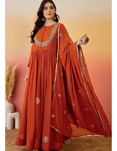DESIGNER GEORGETTE EMBROIDERY WORK GOWN BOTTOM WITH DUPATTA ORANGE