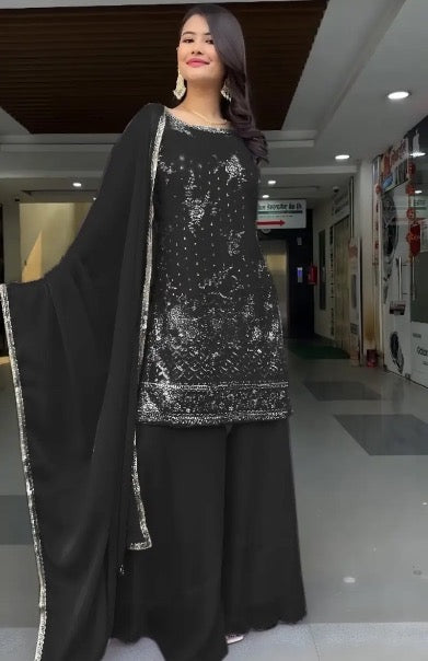 RICH LOOK GEORGETTE EMBROIDERY SEQUENCE WORK TOP PALAZZO WITH DUPATTA BLACK