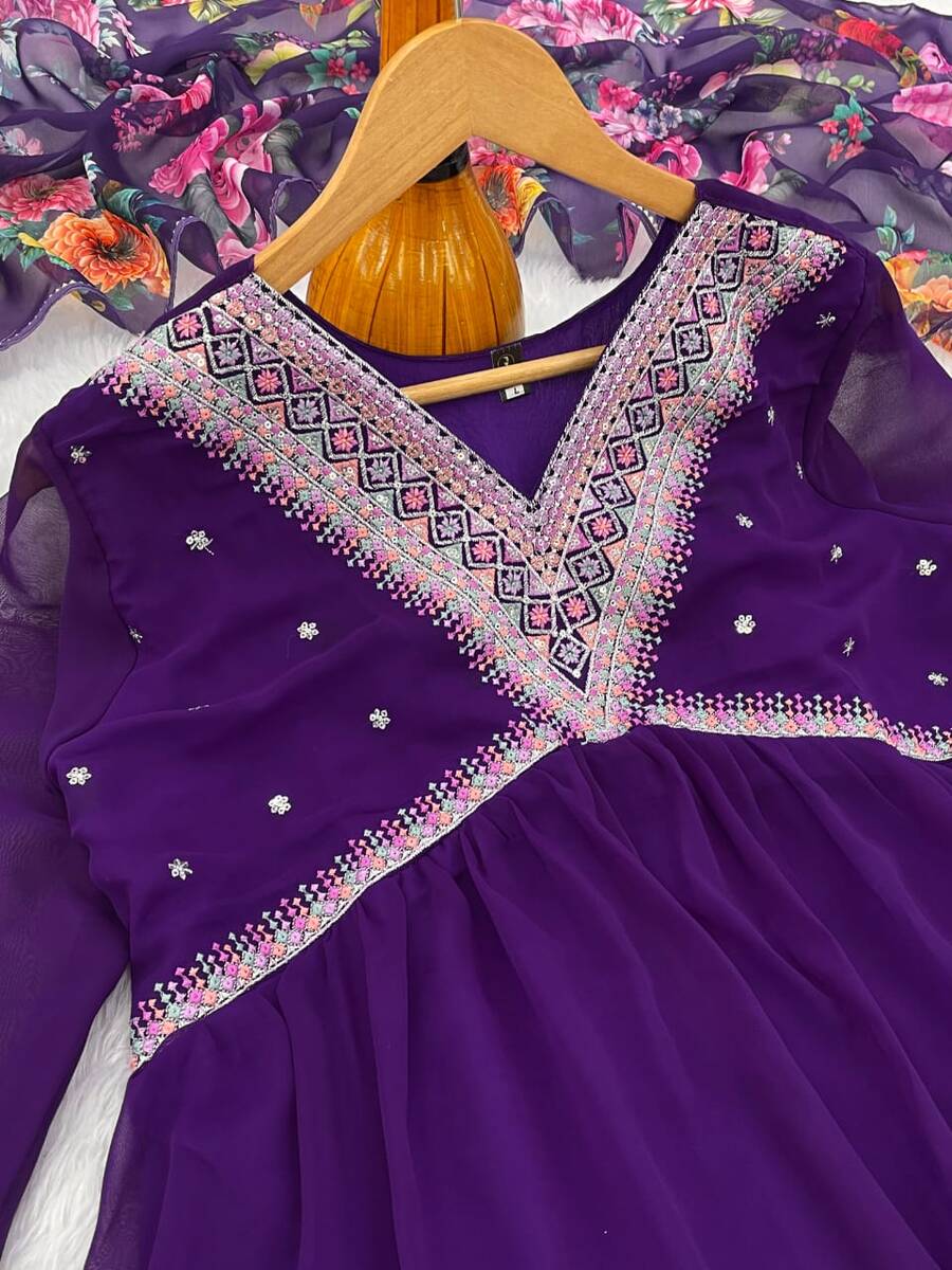 TRENDING GEORGETTE EMBROIDERY SEQUENCE WORK ALIA CUT TOP BOTTOM WITH DUPATTA PURPLE