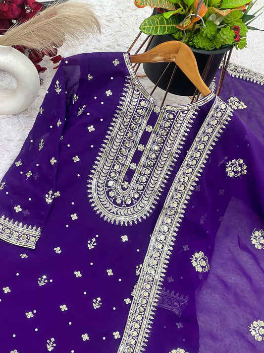 DESIGNER GEORGETTE EMBROIDERY SEQUENCE MOTI WORK TOP BOTTOM WITH DUPATTA PURPLE