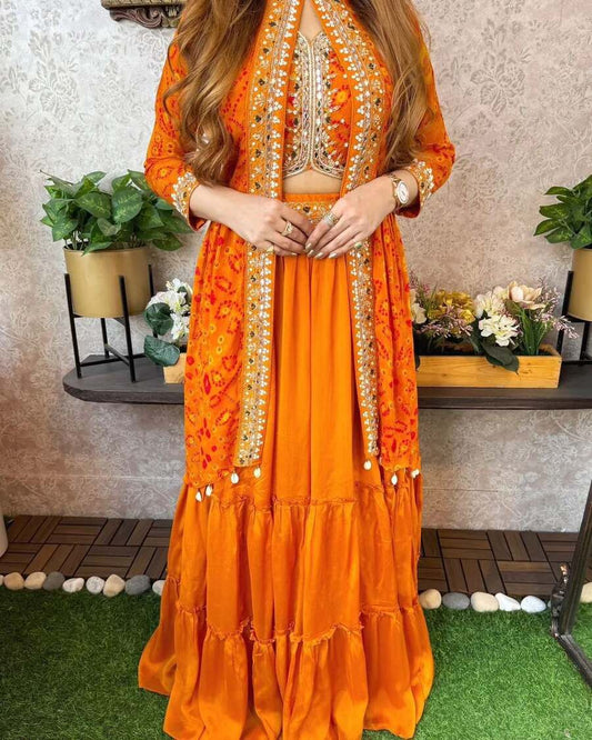 FASHIONABLE GEORGETTE EMBROIDERY SEQUENCE WORK LEHENGA CHOLI WITH KOTI SKY