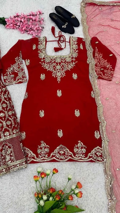 FANCY GEORGETTE EMBROIDERY SEQUENCE WORK TOP SHARARA WITH DUPATTA RED SIZE XL