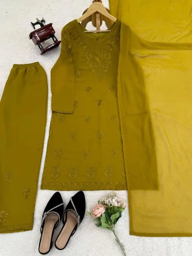 DESIGNER GEORGETTE INTRICATE THREAD WORK TOP BOTTOM WITH DUPATTA MEHNDI