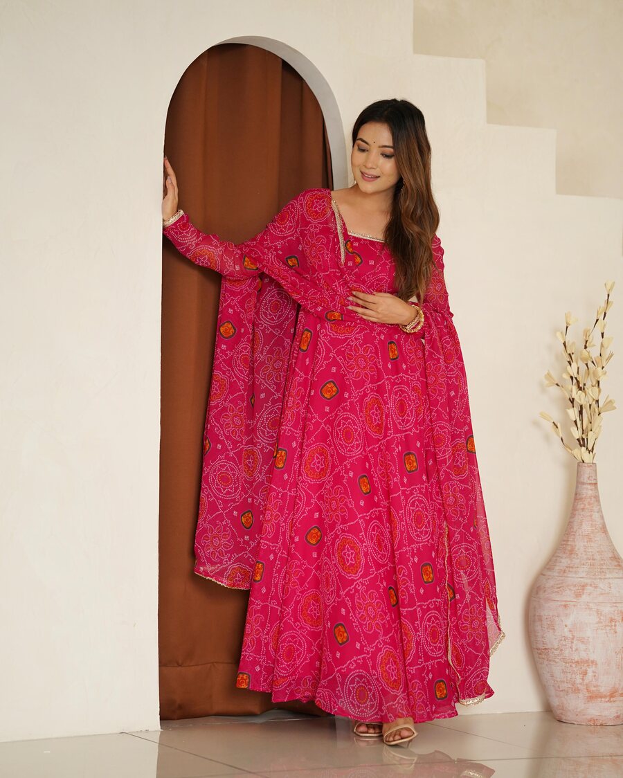 FANCY CHIFFON BANDHEJ PRINTED LACE WORK GOWN BOTTOM WITH DUPATTA