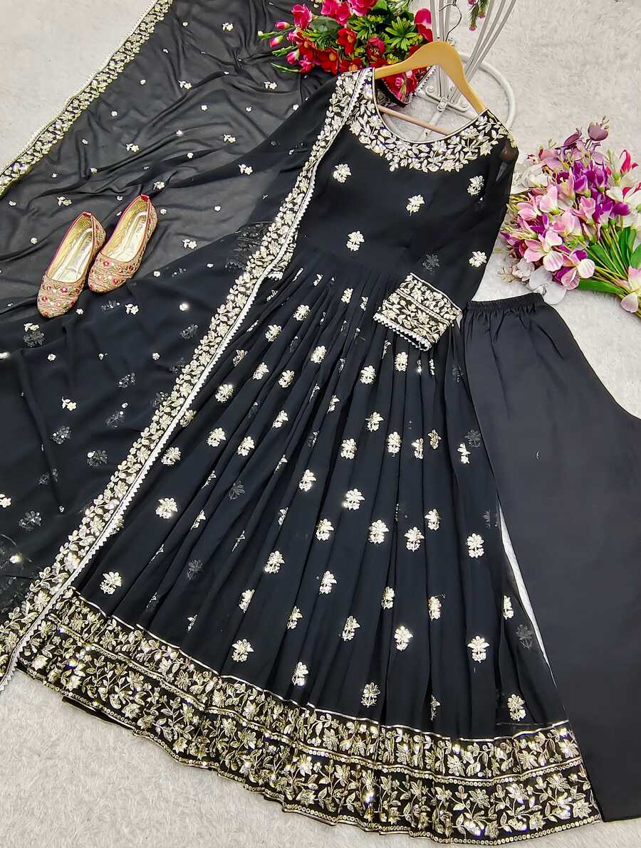 FANCY GEORGETTE EMBROIDERY SEQUENCE WORK GOWN BOTTOM WITH DUPATTA BLACK