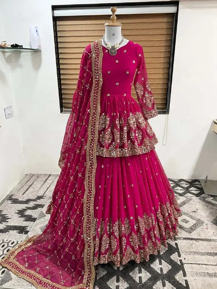 FANCY DESIGNER LEHENGA TOP EMBROIDERY WORK WEDDING WORK PINK