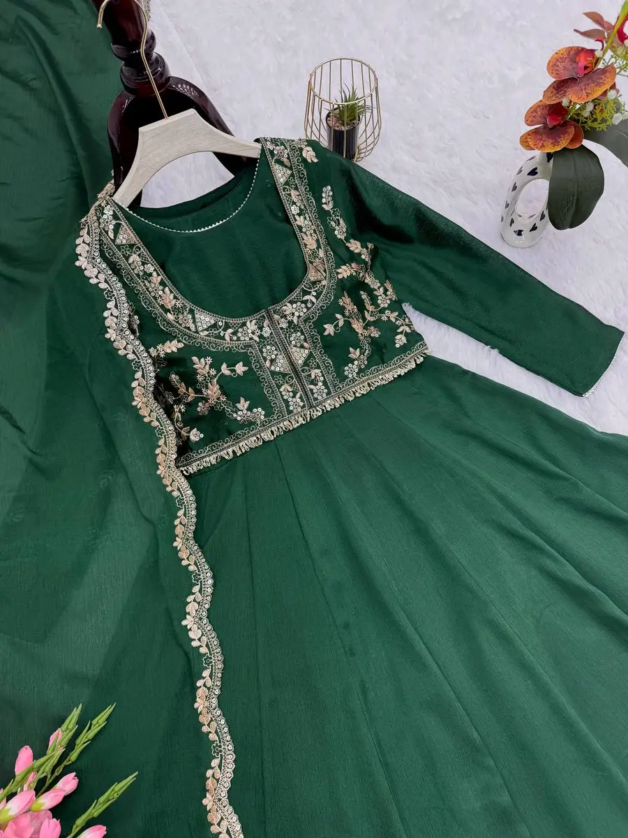 MODERN CHINON SILK EMBROIDERY SEQUENCE WORK GOWN KOTI WITH DUPATTA GREEN