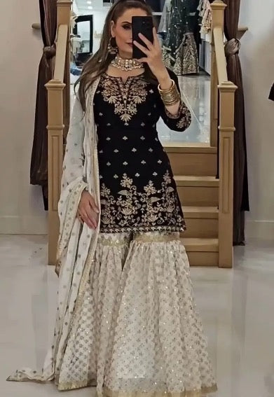 DESIGNER GEORGETTE EMBROIDERY SEQUENCE WORK TOP SHARARA WITH DUPATTA BLACK IN SIZE XL