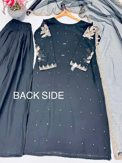 DESIGNER GEORGETTE EMBROIDERY SEQUENCE WORK WITH PERAL MOTI HAND WORK TOP PALAZZO WITH DUPATTA BLACK