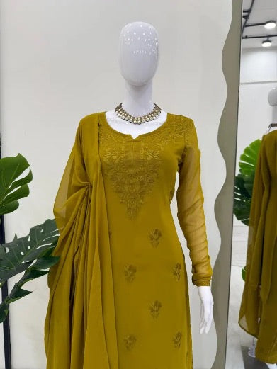 DESIGNER GEORGETTE INTRICATE THREAD WORK TOP BOTTOM WITH DUPATTA MEHNDI