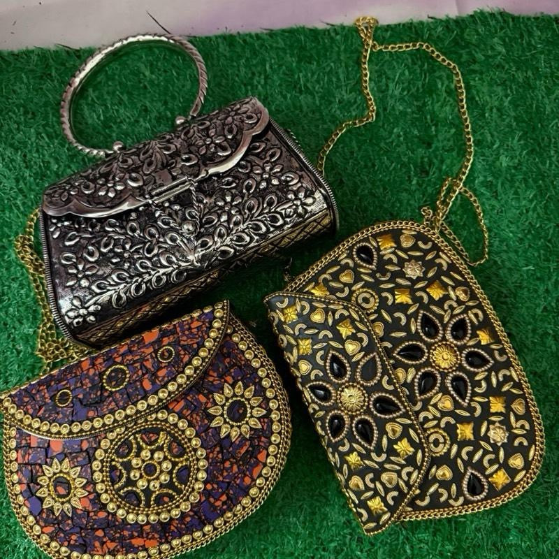 Handcrafted Modern Mosaic Evening Clutches for Women Indian Artisans' Metal Purse Accessory for Parties and Special Events