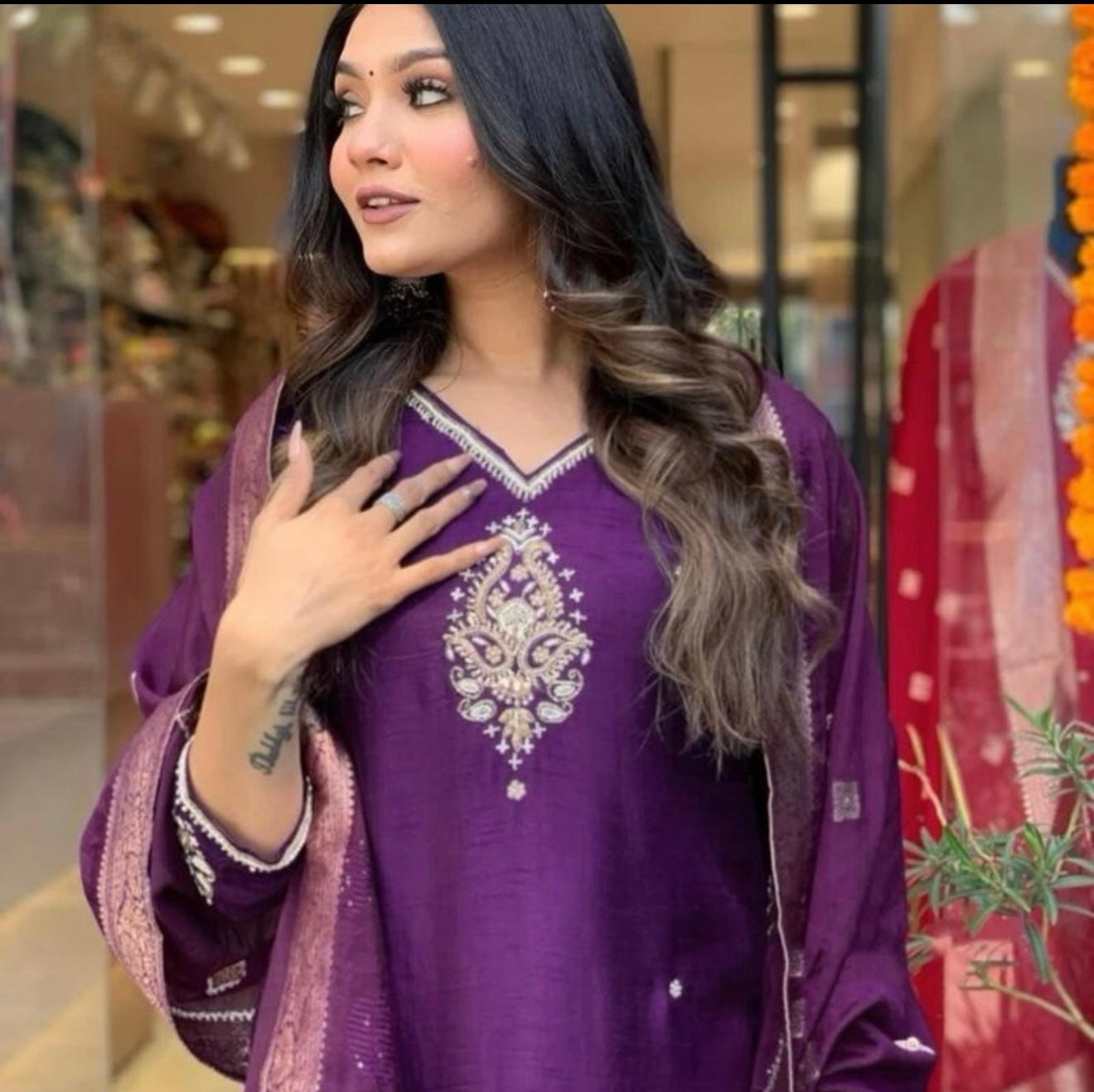 INDIAN GORGEOUS CHANDERI SILK EMBROIDERY WORK TOP BOTTOM WITH DUPATTA SIZE 40