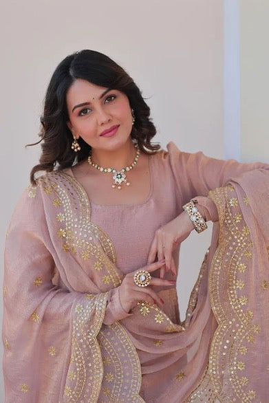 DESIGNER CHIFFON STITCHED GOWN WITH SEQUENCE ZARI EMBROIDERY CUT WORK DUPATTA IN PINK