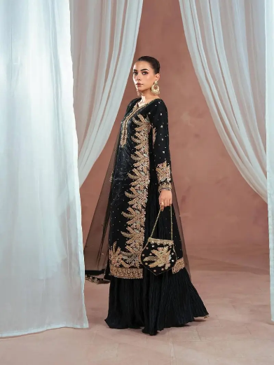 DESIGNER GEORGETTE EMBROIDERY SEQUENCE WORK WITH PERAL MOTI HAND WORK TOP PALAZZO WITH DUPATTA BLACK