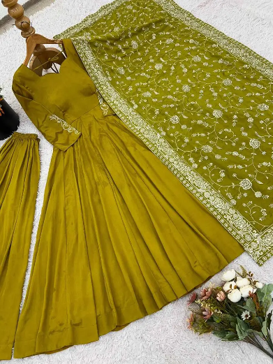 DESIGNER GERMAN CHIFFON EMBROIDERY SEQUENCE WORK GOWN PALAZZO WITH DUPATTA MEHNDI