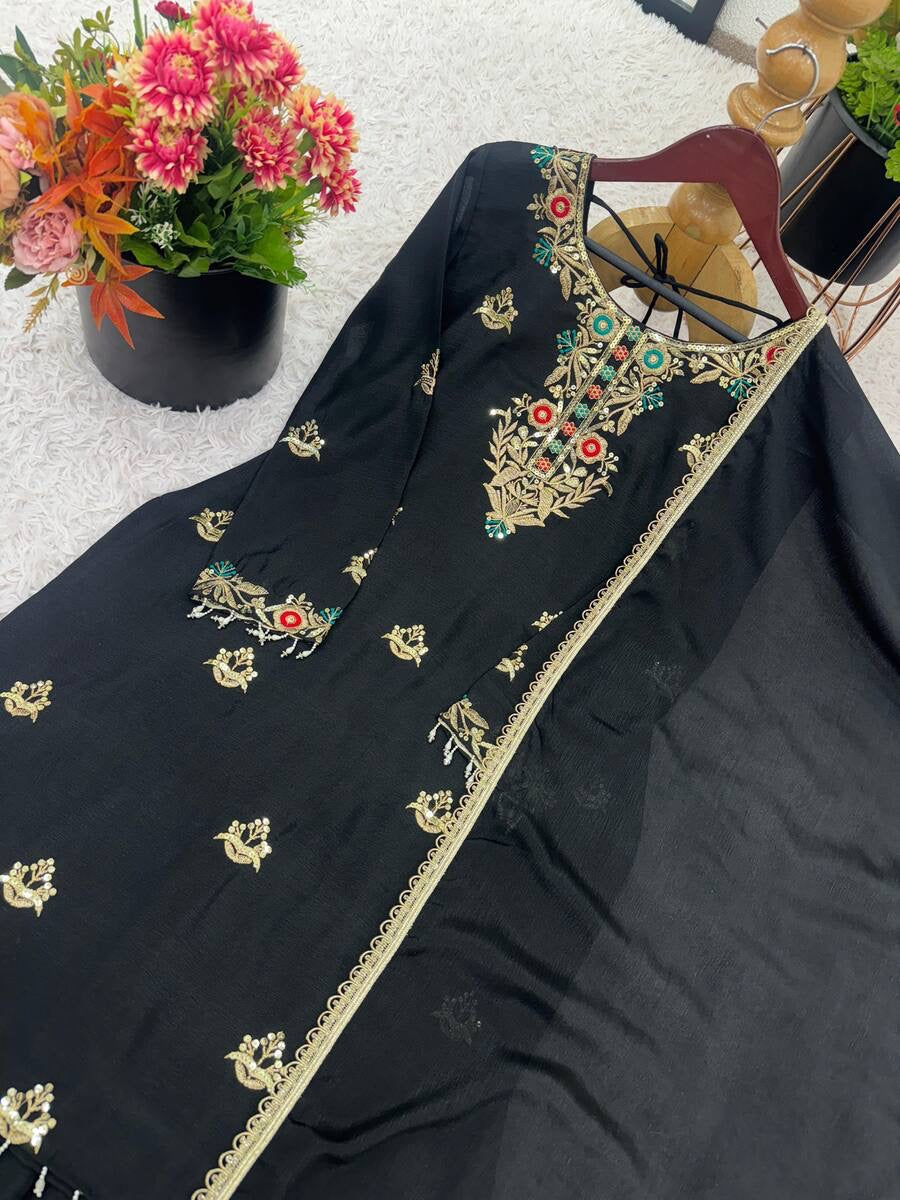 ATTRACTIVE CHINON SILK EMBROIDERY SEQUENCE WORK TOP SHARARA WITH DUPATTA BLACK