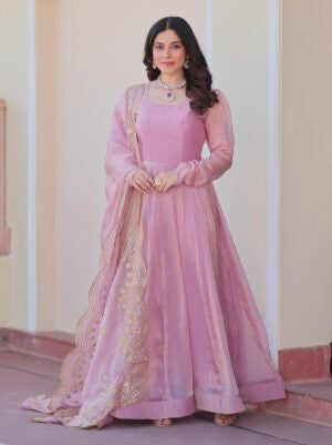 DESIGNER CHIFFON STITCHED GOWN WITH SEQUENCE ZARI EMBROIDERY CUT WORK DUPATTA IN PINK