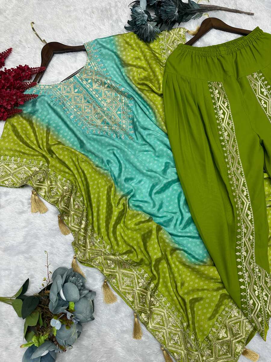 TRENDING CHINON SILK EMBROIDERY DIGITAL PRINTED KAFTAN WITH DHOTI PARROT