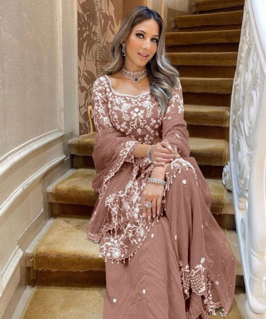 FASHIONABLE HEAVY NET GEORGETTE CHINE SEQUENCE EMBROIDERY WORK TOP PALAZZO WITH DUPATTA