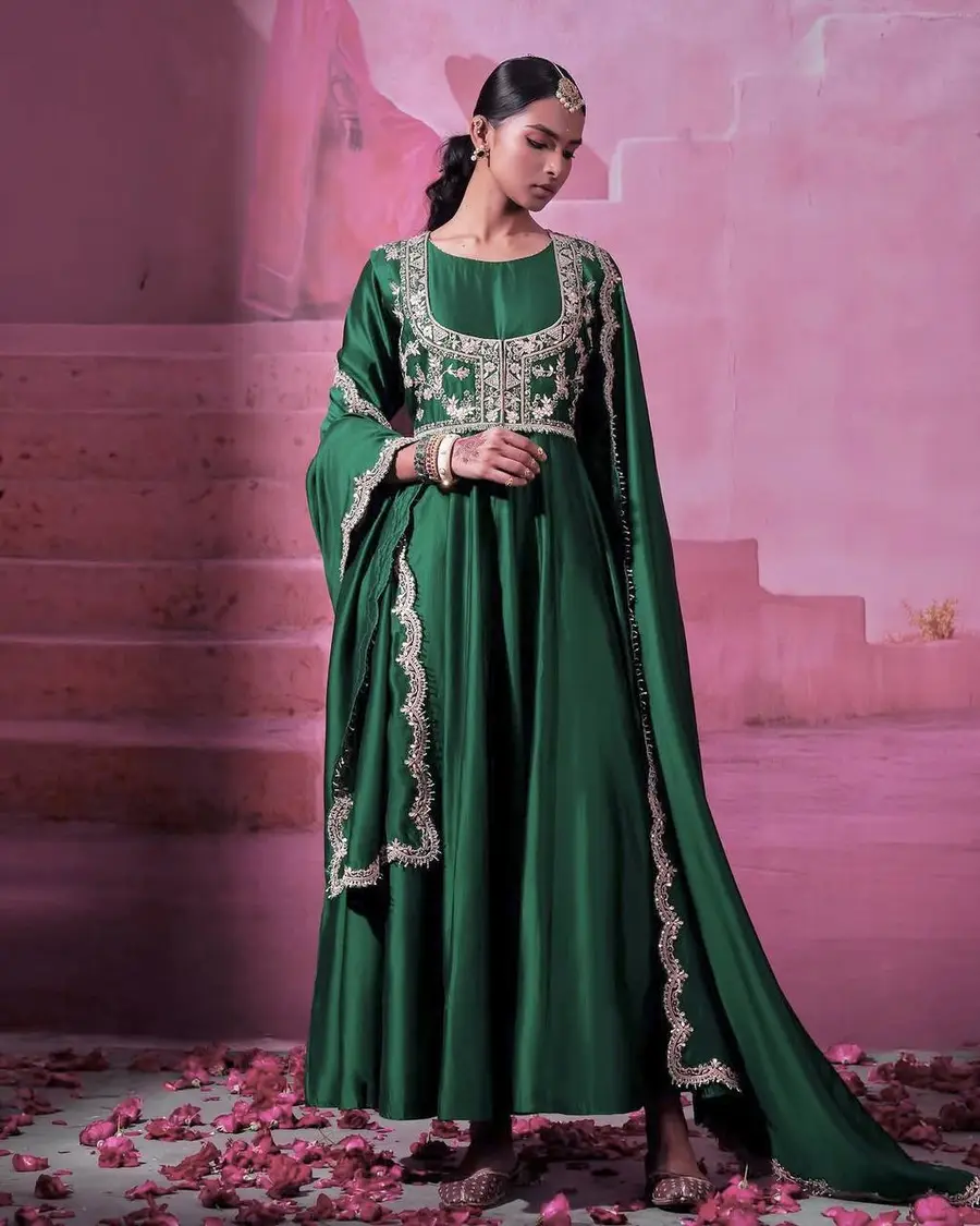MODERN CHINON SILK EMBROIDERY SEQUENCE WORK GOWN KOTI WITH DUPATTA GREEN
