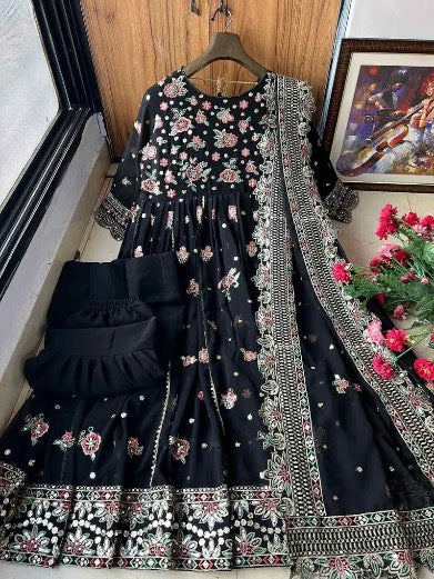 NEW ARRIVAL GEORGETTE SEQUENCE AND THREAD EMBROIDERY WORK GOWN SHARARA WITH DUPATTA BLACK
