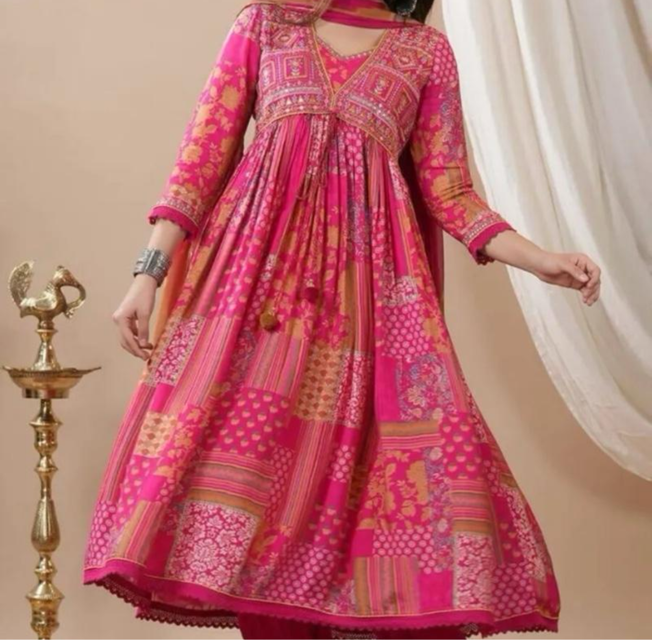 INDIAN FORMAL WEAR CHINON DIGITAL PRINT WORK TOP BOTTOM WITH DUPATTA PINK SIZE L