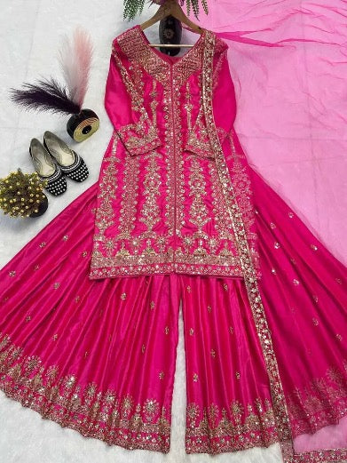 FANCY MALAI SATIN SILK EMBROIDERY SEQUENCE WORK TOP PALAZZO WITH DUPATTA PINK