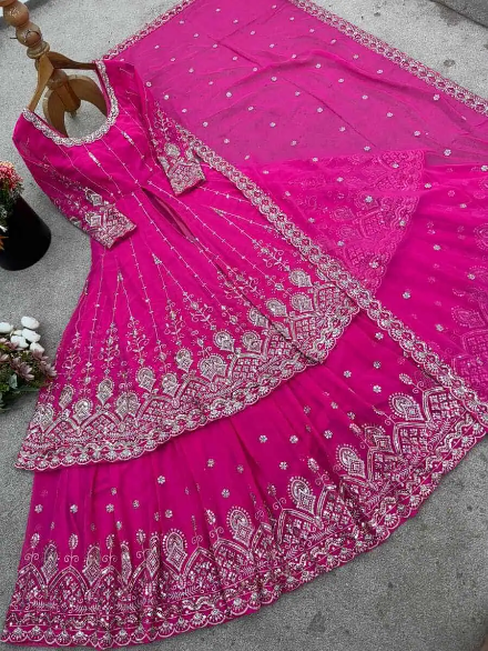 RICH LOOK GEORGETTE EMBROIDERY SEQUENCE WORK TOP LEHENGA WITH DUPATTA PINK