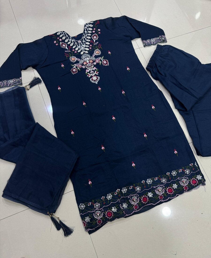 FANCY VICHITRA SILK MULTI SEQUENCE WORK TOP BOTTOM WITH DUPATTA NAVY BLUE