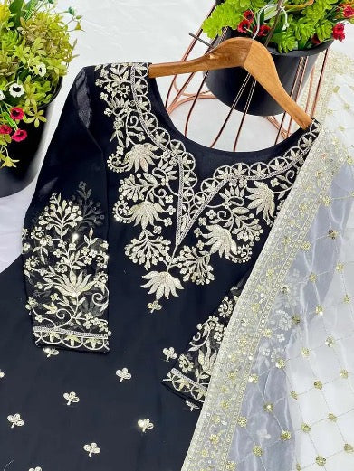 DESIGNER GEORGETTE EMBROIDERY SEQUENCE WORK TOP SHARARA WITH DUPATTA BLACK IN SIZE XL
