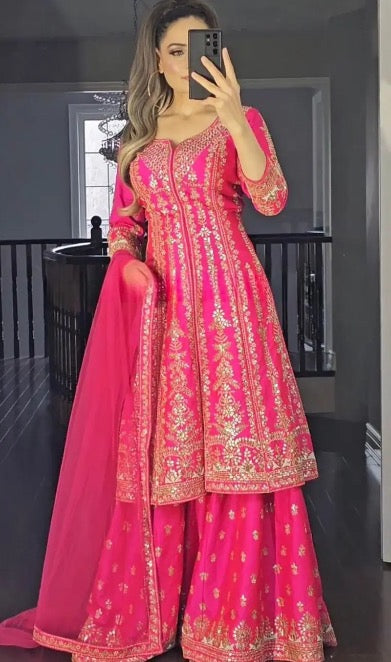 FANCY MALAI SATIN SILK EMBROIDERY SEQUENCE WORK TOP PALAZZO WITH DUPATTA PINK