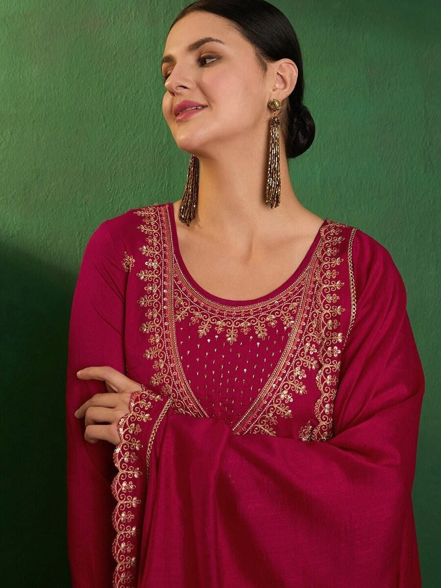 DESIGNER VICHITRA SILK SEQUENCE CODING EMBROIDERY WORK TOP BOTTOM WITH DUPATTA