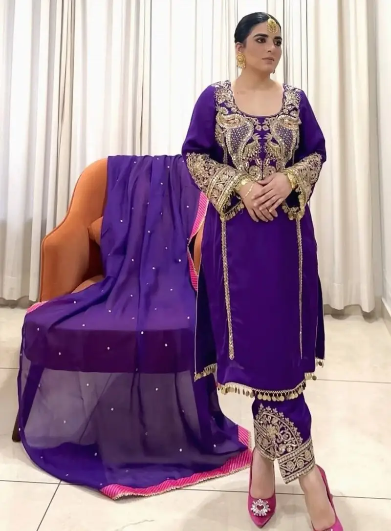 FANCY GEORGETTE EMBROIDERY SEQUENCE WORK WITH FANCY LACE BORDER WORK TOP BOTTOM WITH DUPATTA PUPRLE