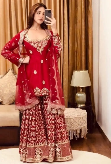 FANCY GEORGETTE EMBROIDERY SEQUENCE WORK TOP SHARARA WITH DUPATTA RED SIZE XL