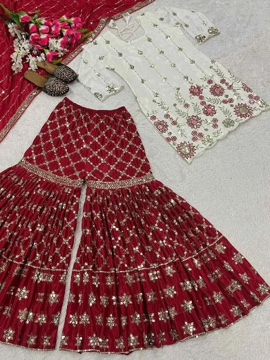 RICH LOOK CHINON SILK SEQUENCE EMBROIDERY WORK TOP SHARARA WITH DUPATTA RED