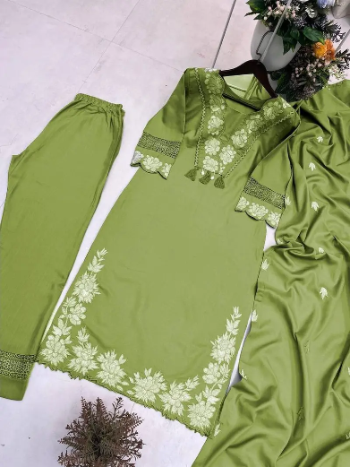 LATEST RAYON SLUB COTTON EMBROIDERY WITH KODI LATKAN LACE WORK TOP BOTTOM WITH DUPATTA