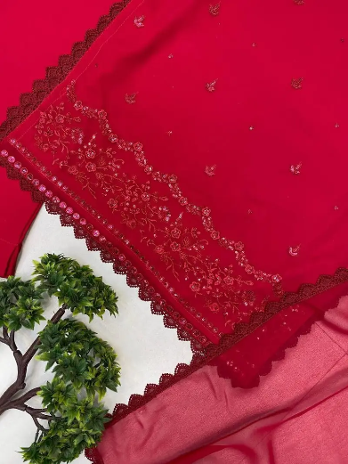 DESIGNER GEORGETTE SEQUENCE EMBROIDERY WORK TOP BOTTOM WITH DUPATTA RED
