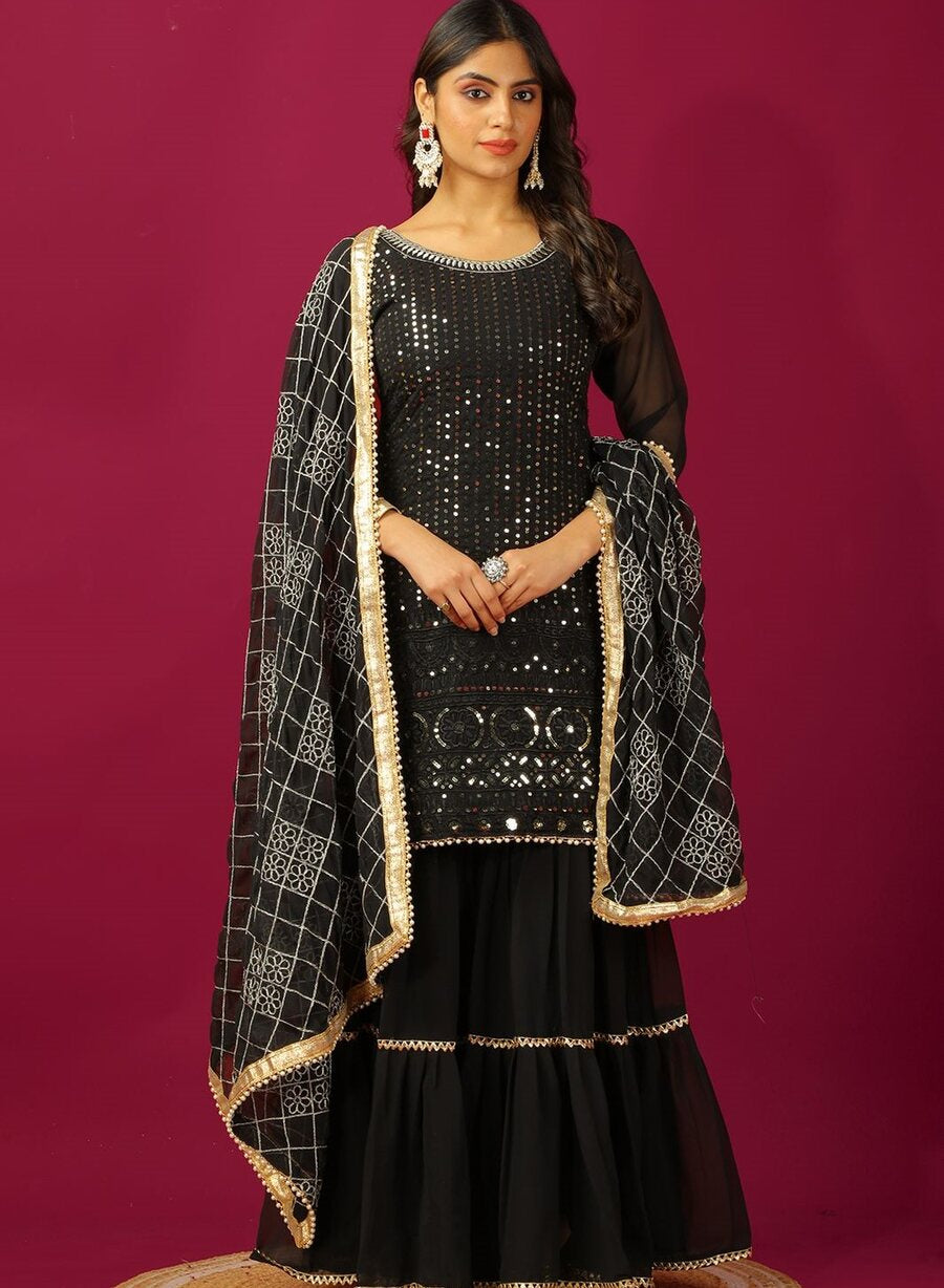 FANCY GEORGETTE EMBROIDERY SEQUENCE MOTI LACE WORK TOP SHARARA WITH DUPATTA