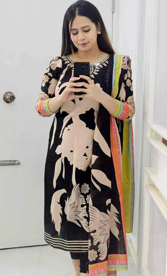 LATEST MUSLIN CODED EMBROIDERY AND ZARI WORK WITH LINING TOP BOTTOM WITH DUPATTA BLACK