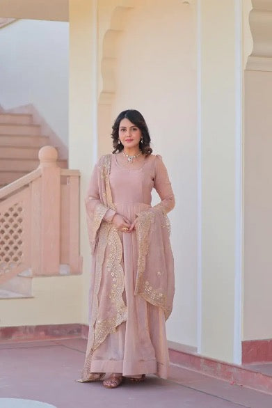 DESIGNER CHIFFON STITCHED GOWN WITH SEQUENCE ZARI EMBROIDERY CUT WORK DUPATTA IN PINK