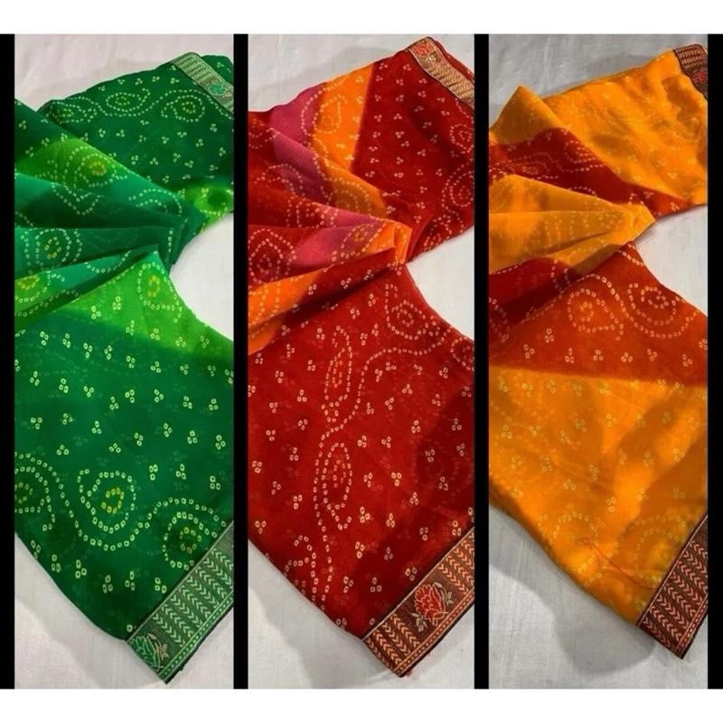 INDIAN FANCY GEORGETTE LACE WORK BANDHNI SAREE WITH UNSTITCHED BLOUSE