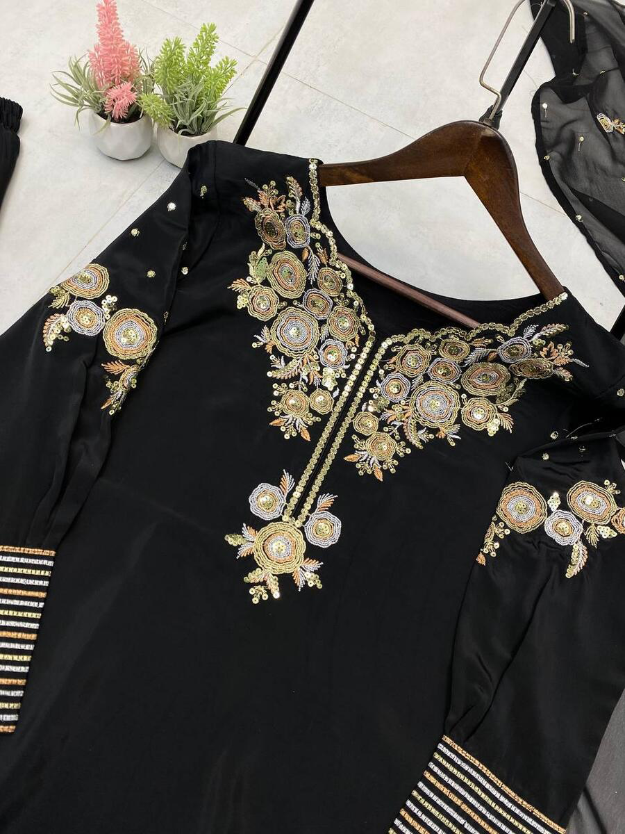 LATEST CREPE SILK SEQUENCE EMBROIDERY WORK TOP PATIYALA WITH DUPATTA BLACK