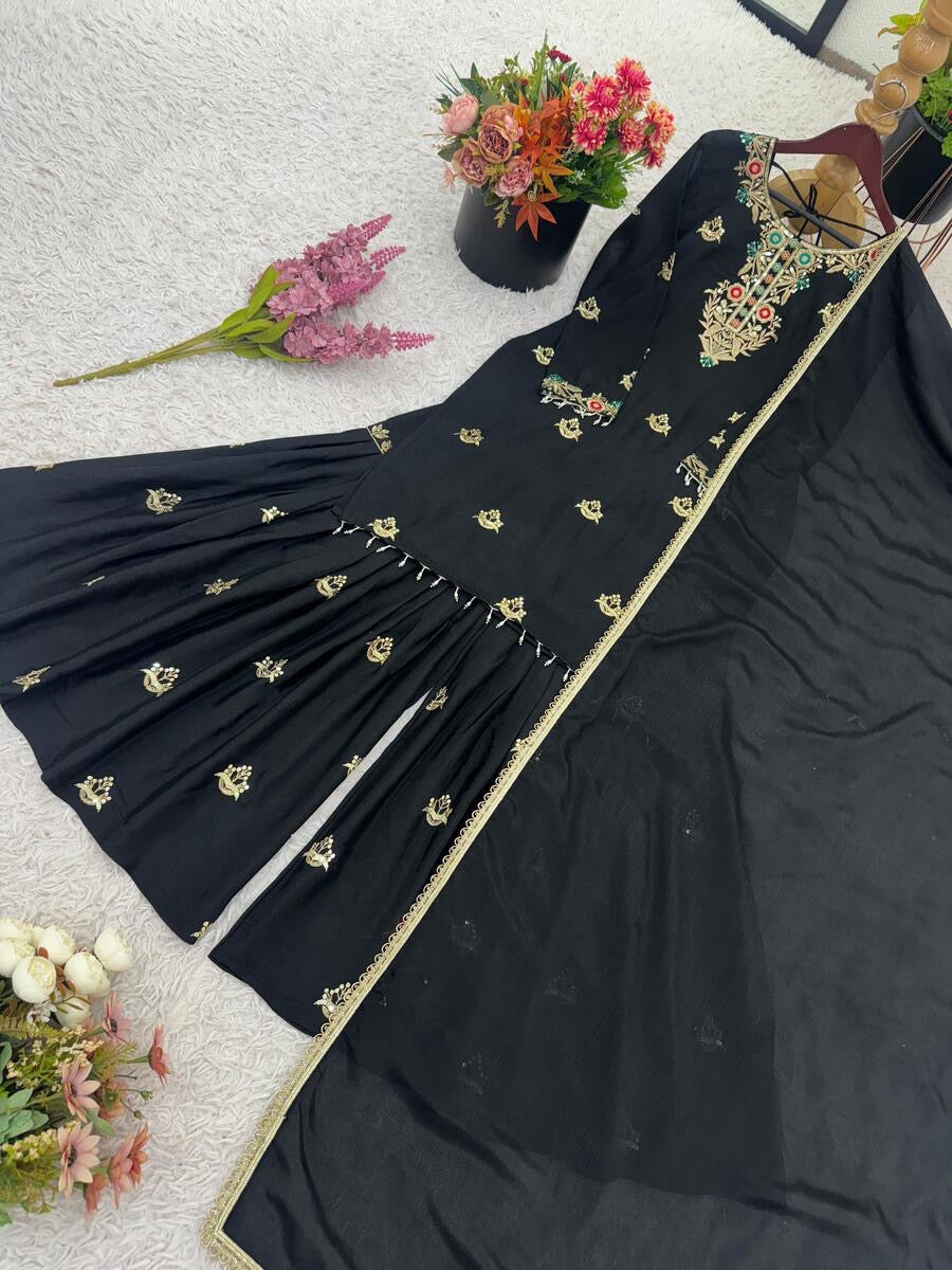 ATTRACTIVE CHINON SILK EMBROIDERY SEQUENCE WORK TOP SHARARA WITH DUPATTA BLACK