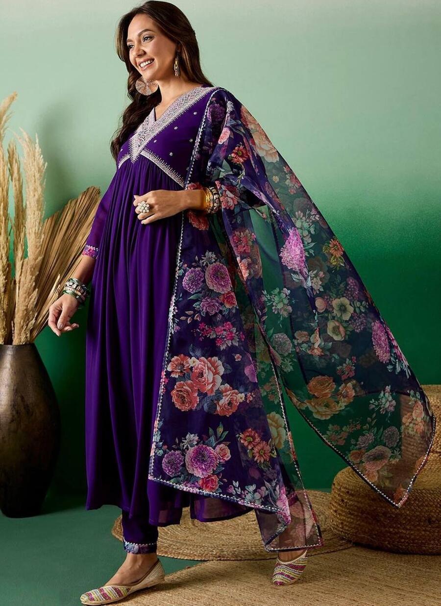 TRENDING GEORGETTE EMBROIDERY SEQUENCE WORK ALIA CUT TOP BOTTOM WITH DUPATTA PURPLE