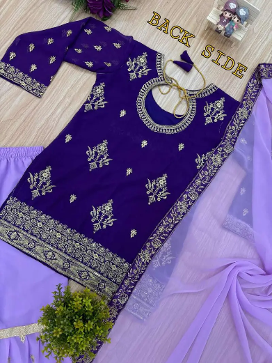 RICH LOOK GEORGETTE EMBROIDERY WORK TOP SHARARA WITH DUPATTA PURPLE