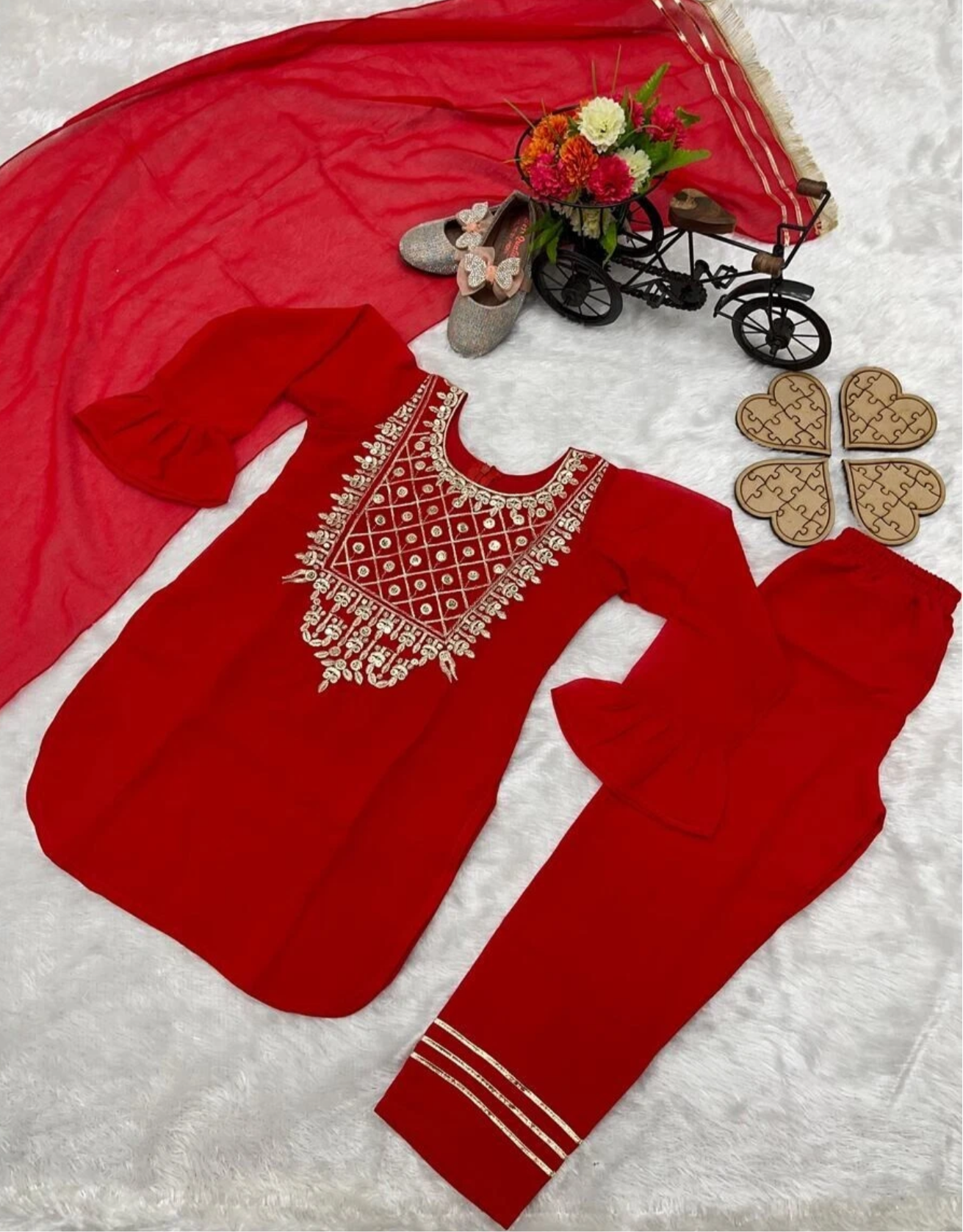 Designer Kids Girls Dress with Dupatta Fancy Red Party Wear Bollywood New Indian